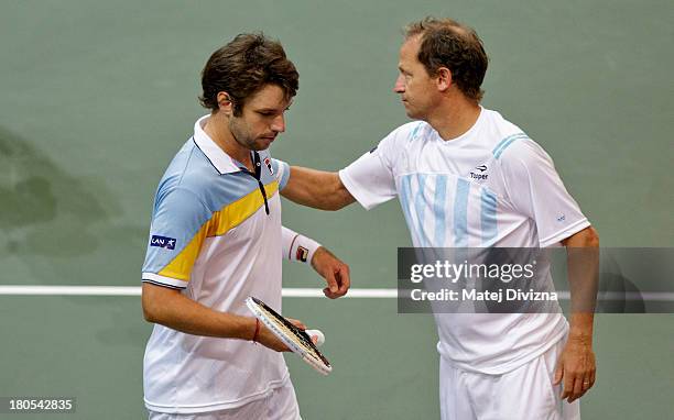 Captain Martin Jaite with Horacio Zeballos of Argentina in the doubles game against Radek Stepanek and Tomas Berdych of Czech Republic during day two...