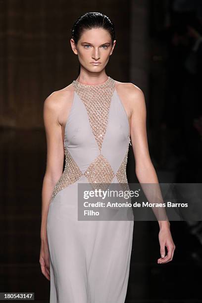 Model walks the runway at the Julien Macdonald show during London Fashion Week SS14 at on September 14, 2013 in London, England.