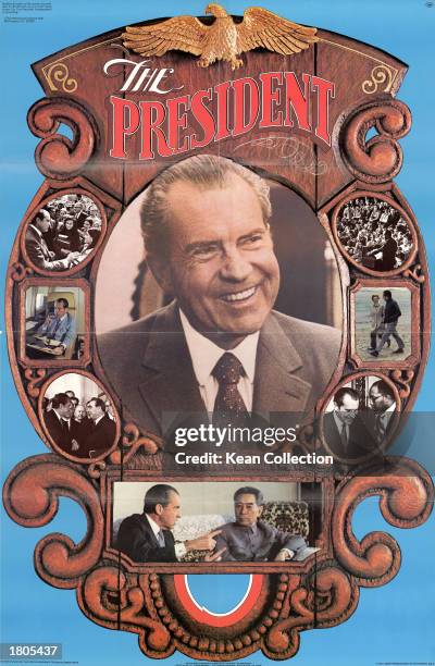 Poster for Republican president Richard M. Nixon's reelection campaign, showing various scenes from his presidency, 1972.