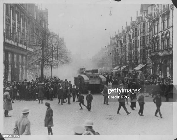 British tanks entering Dusseldorf during the allied occupation of Germany in World War One, circa 1914-1918.