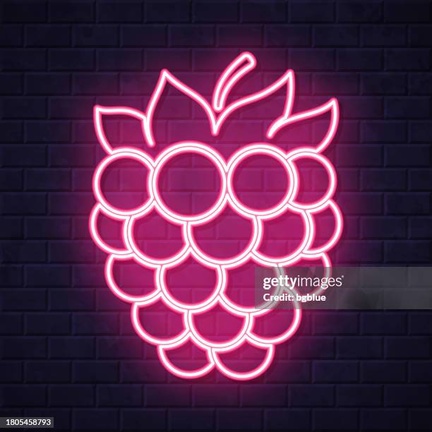 raspberry. glowing neon icon on brick wall background - blue raspberry stock illustrations