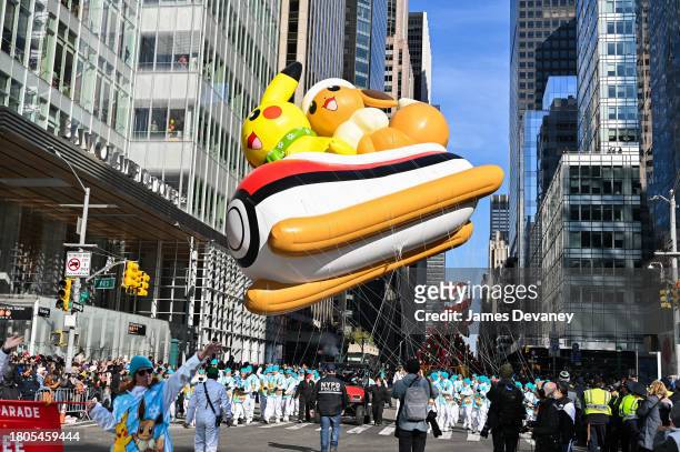 View of the Pikachu and Eevee balloon at the 96th Annual Macy's Thanksgiving Day Parade on November 24, 2022 in New York City.