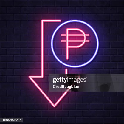 Peso decrease. Glowing neon icon on brick wall background Peso decrease. Glowing neon icon on brick wall background