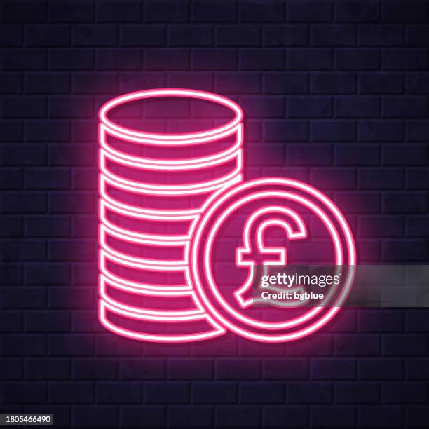 pound coins stack. glowing neon icon on brick wall background - pound coin stack stock illustrations