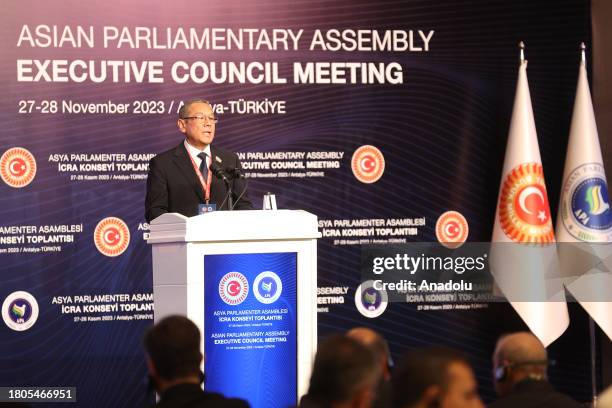 Deputy Speaker of the Parliament of Uzbekistan Ulugbek Inoyatov speaks during the Asian Parliamentary Assembly Executive Council Meeting at Belek...