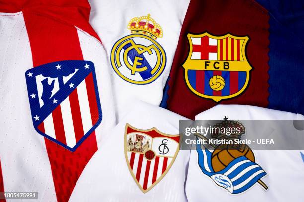 View of the badges of Club Atlético de Madrid, Real Madrid CF, FC Barcelona, Sevilla FC and Real Sociedad de Fútbol, the Spanish teams in the 2023/23...