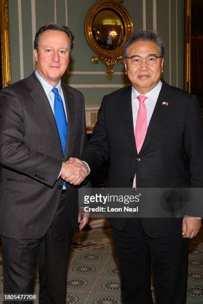 British Foreign Secretary David Cameron meets with his South Korean counterpart, Foreign Minister Park Jin, on November 21, 2023 in London, England....