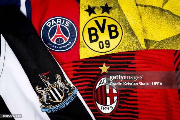 View of the badges of Newcastle United FC, Paris Saint-Germain, Borussia Dortmund and AC Milan, teams of the Group F, during the UEFA Champions...
