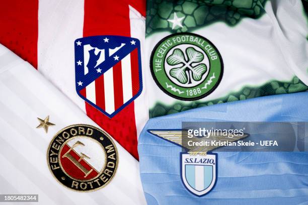 View of the badges of Club Atlético de Madrid, Celtic FC, Feyenoord and S.S. Lazio, teams of the Group E, during the UEFA Champions League 2023/24...