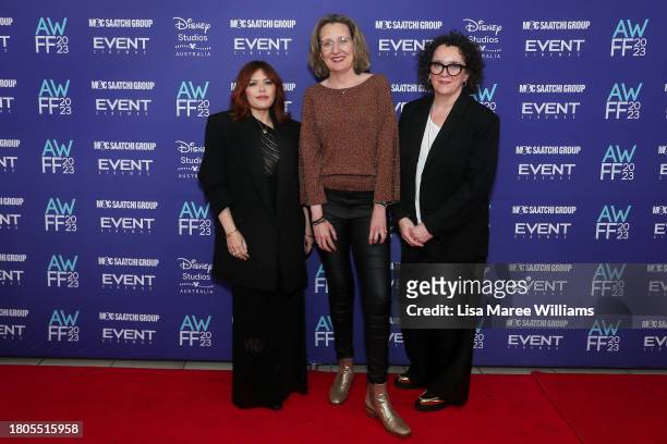 Nakkiah Lui, Edwina Waddy and Grainne Brunsdon attend the Australian Womens Film Festival 2023 on November 21, 2023 in Sydney, Australia.