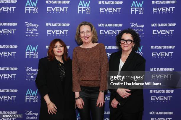 Nakkiah Lui, Edwina Waddy and Grainne Brunsdon attend the Australian Womens Film Festival 2023 on November 21, 2023 in Sydney, Australia.