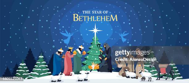 holy night. christmas night. birth of jesus. three wise men. - catholic stock illustrations