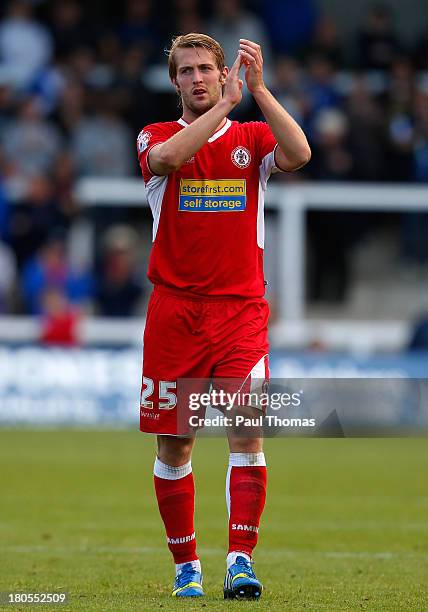 Robert Atkinson of Accrington claps towards the travelling fans after the Sky Bet League Two match between Hartlepool United and Accrington Stanley...