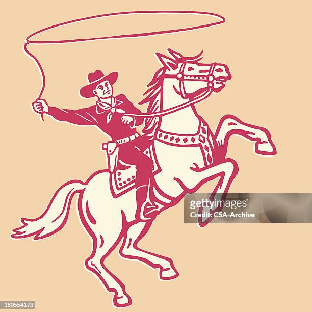 cowboy werfen lasso auf einem pferd - cow boy stock-grafiken, -clipart, -cartoons und -symbole