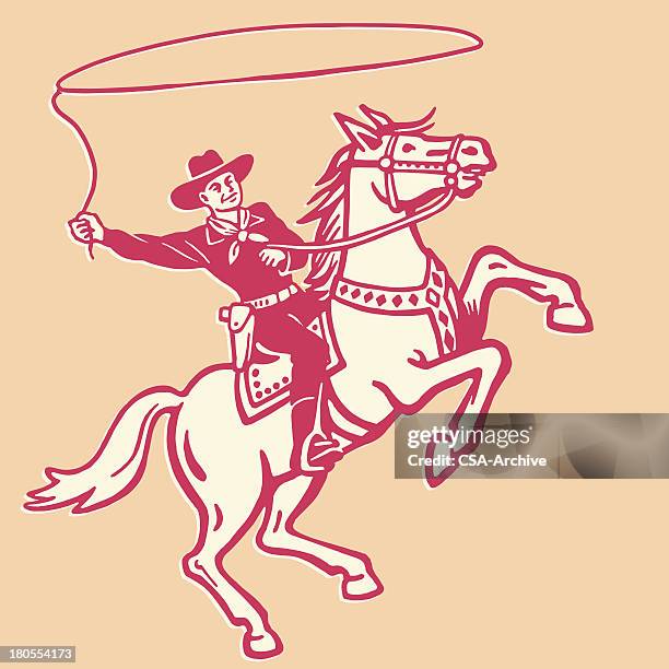 illustrations, cliparts, dessins animés et icônes de le lancer de lasso cow-boy sur un cheval - cheval