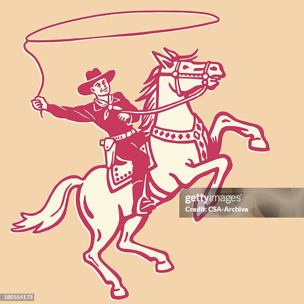 bildbanksillustrationer, clip art samt tecknat material och ikoner med cowboy throwing lasso on a horse - cowboy