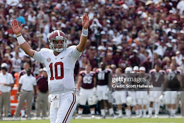 McCarron of the Alabama Crimson Tide celebrates a second quarter touchdown during the game against the Texas A&M Aggies at Kyle Field on September...