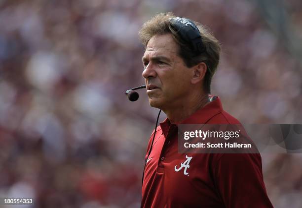 Head Coach Nick Saban of the Alabama Crimson Tide watches a play during the game against the Texas A&M Aggies at Kyle Field on September 14, 2013 in...