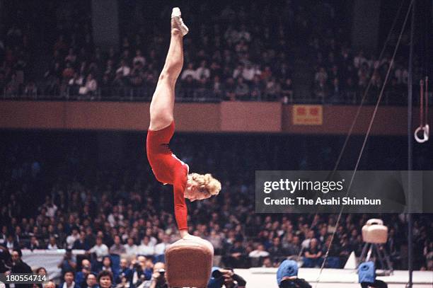 Vera Caslavska of Czechoslovakia competes in the Horse Vault of the Women's Artistic Gymnastics Individual All-Around during the Tokyo Olympics at...