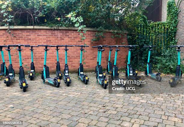 Tier e-scooters parked together, Essex, England.