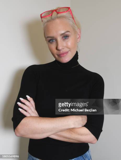 Nikki Whelan poses for portrait at A Plant Based Friendsgiving Celebration at the Home of Rainbeau Mars on November 20, 2023 in Venice, California.