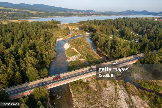 cyclists and cars on a bridge, aerial view - green bridge over trees stock pictures, royalty-free photos & images