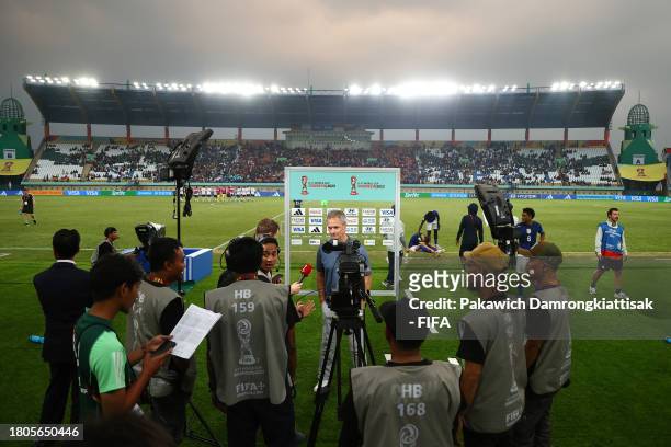 Christian Wueck, Head Coach of Germany, is interviewed after the FIFA U-17 World Cup Round of 16 match between Germany and USA at Si Jalak Harupat...