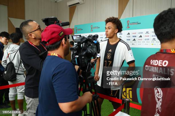 Eric Da Silva Moreira of Germany is interviewed in the mixed zone after the FIFA U-17 World Cup Round of 16 match between Germany and USA at Si Jalak...