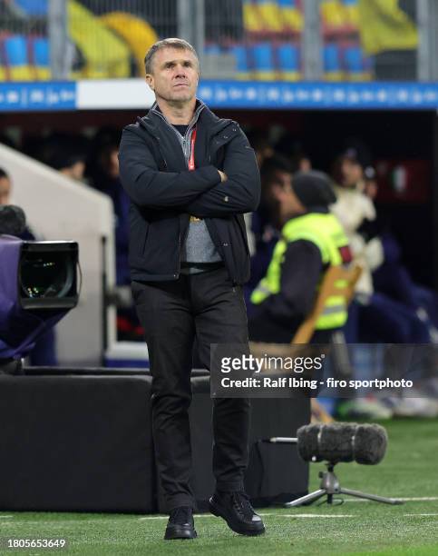 Head coach Serhiy Rebrov of Ukraine looks on during the UEFA EURO 2024 European qualifier match between Ukraine and Italy at BayArena on November 20,...