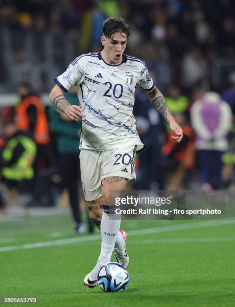Nicolo Zaniolo of Italy plays the ball during the UEFA EURO 2024 European qualifier match between Ukraine and Italy at BayArena on November 20, 2023...