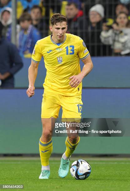 Illia Zabarnyi of Ukraine plays the ball during the UEFA EURO 2024 European qualifier match between Ukraine and Italy at BayArena on November 20,...