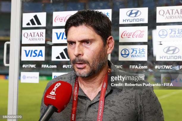 Raul Chabrand, Head Coach of Mexico, is interviewed after the FIFA U-17 World Cup Round of 16 match between Mali and Mexico at Gelora Bung Tomo...