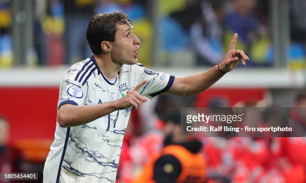 Federico Chiesa of Italy gestures during the UEFA EURO 2024 European qualifier match between Ukraine and Italy at BayArena on November 20, 2023 in...