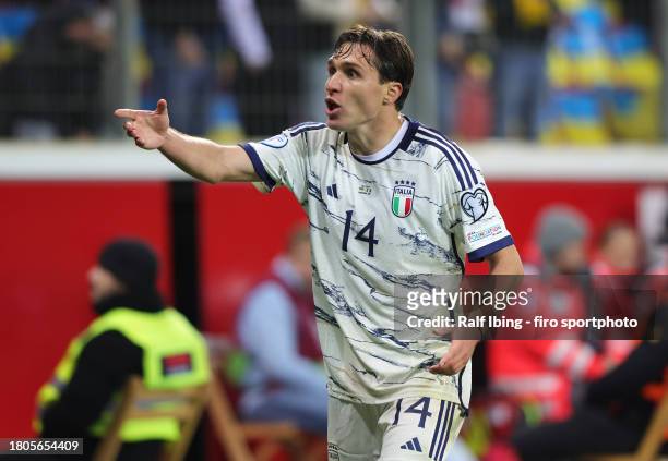 Federico Chiesa of Italy gestures during the UEFA EURO 2024 European qualifier match between Ukraine and Italy at BayArena on November 20, 2023 in...