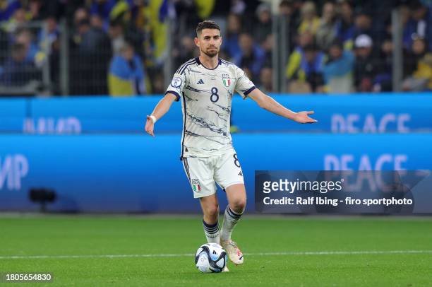 Jorginho of Italy plays the ball during the UEFA EURO 2024 European qualifier match between Ukraine and Italy at BayArena on November 20, 2023 in...