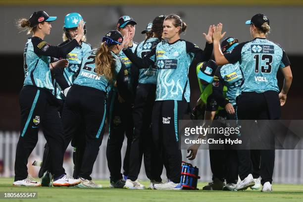 Jess Jonassen of the Heat celebrates a wicket during the WBBL match between Brisbane Heat and Sydney Sixers at Allan Border Field, on November 21 in...