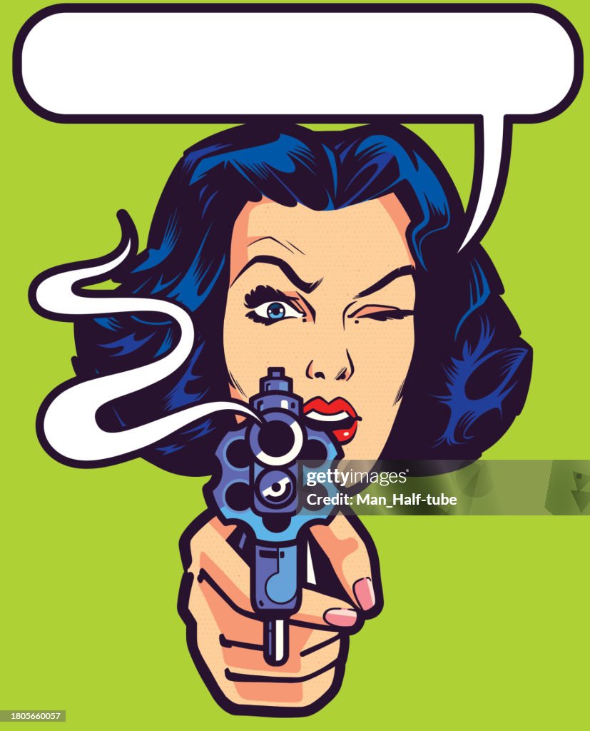 Pop art woman aiming a gun