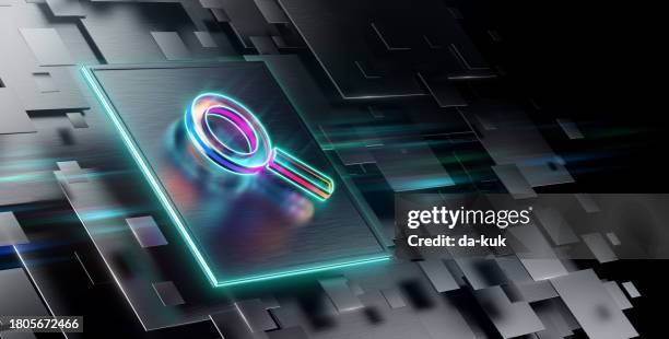 lens search icon futuristic background. search engine evolution. glowing search icon in world of technological progress and innovation. cgi 3d render - zoeken stockfoto's en -beelden