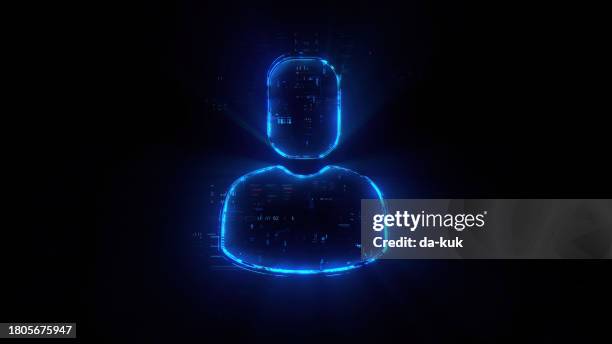 sich von der masse abheben. digitales personenhologramm auf zukünftigem tech-hintergrund. entwicklung von produktivität und personalisierung. futuristische ikone des mannes in der welt des technologischen fortschritts und der innovation. cgi-3d-rendering - customized stock-fotos und bilder