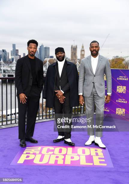 Corey Hawkins, Blitz Bazawule and Colman Domingo attend a photocall for "The Color Purple" at The IET Building Rooftop on November 21, 2023 in...