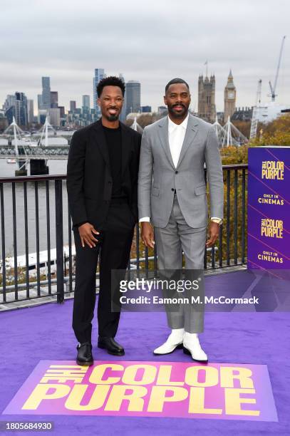 Corey Hawkins and Colman Domingo attend a photocall for "The Color Purple" at The IET Building Rooftop on November 21, 2023 in London, England.