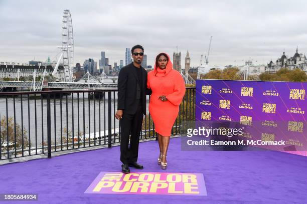 Corey Hawkins and Danielle Brooks attend a photocall for "The Color Purple" at The IET Building Rooftop on November 21, 2023 in London, England.