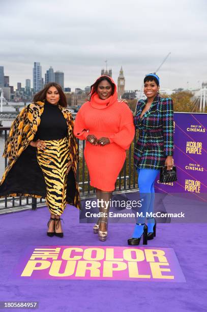 Taraji P. Henson, Danielle Brooks and Fantasia Barrino attend a photocall for "The Color Purple" at The IET Building Rooftop on November 21, 2023 in...