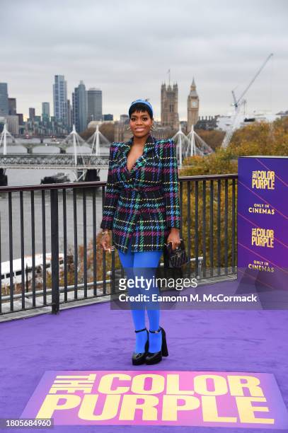 Fantasia Barrino attends a photocall for "The Color Purple" at The IET Building Rooftop on November 21, 2023 in London, England.