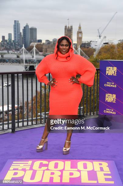 Danielle Brooks attends a photocall for "The Color Purple" at The IET Building Rooftop on November 21, 2023 in London, England.