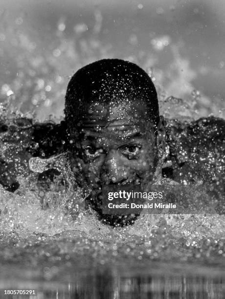 , Byron Davis from the United States swims in the Men's 100 Metre Butterfly competition during the Janet Evans Invitational Swimming event on 16th...