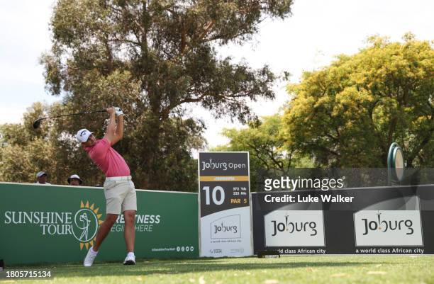 Christiaan Bezuidenhout of South Africa plays a tee shot prior to the Joburg Open at Houghton GC on November 21, 2023 in Johannesburg, South Africa.