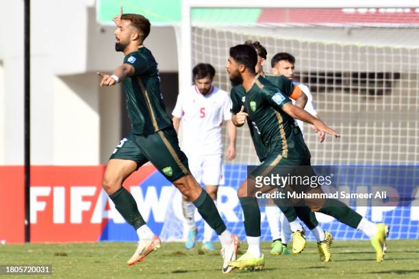 Rahis Nabi from Pakistan celebrates a goal during the 2026 FIFA World Cup AFC Qualifier Group G match between Pakistan and Tajikistan at Jinnah...