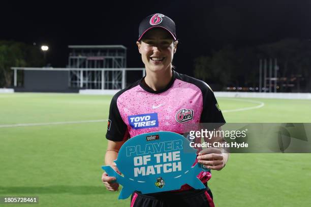 Player of the match Ellyse Perry of the Sixers during the WBBL match between Brisbane Heat and Sydney Sixers at Allan Border Field, on November 21 in...
