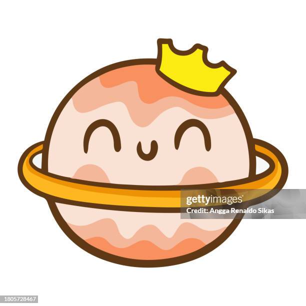 hand drawn funny jupiter planet with crown cartoon on white background - kawaii universe stock illustrations